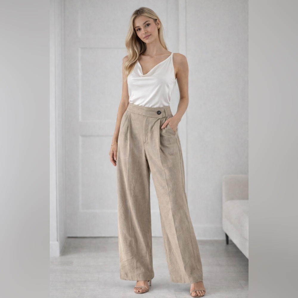 NWT Zara Wide Leg Pleated Neutral Trousers High Waist Size Small